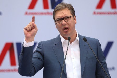 Serbian Prime Minister and President-elect Aleksandar Vucic speaks during his rally in Novi Sad, Serbia, March 18, 2017. Picture taken March 18, 2017. REUTERS/Marko Djurica
