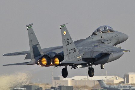 An F-15E Strike Eagle of the 335th Fighter Squadron, Seymour Johnson Air Force Base, N.C., takes off from Bagram Air Field, Afghanistan, Nov. 2.